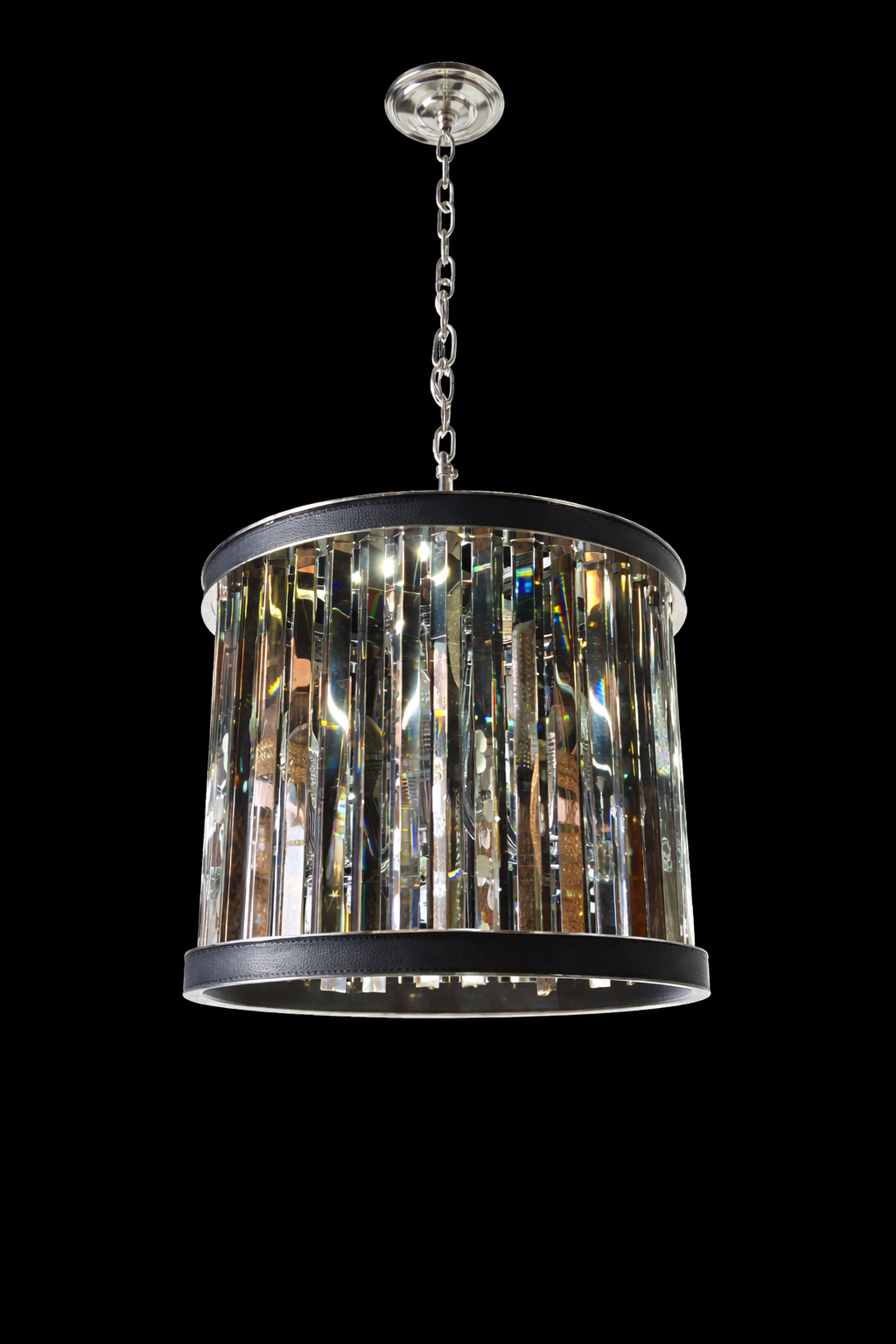 Charcoal Crystal Drum Chandelier – Modern Leather Trim |
