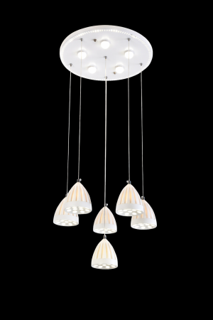 Modern 6-pendant cluster chandelier with LED bulbs and adjustable suspension cables. Clean white finish, perfect for dining rooms & living rooms