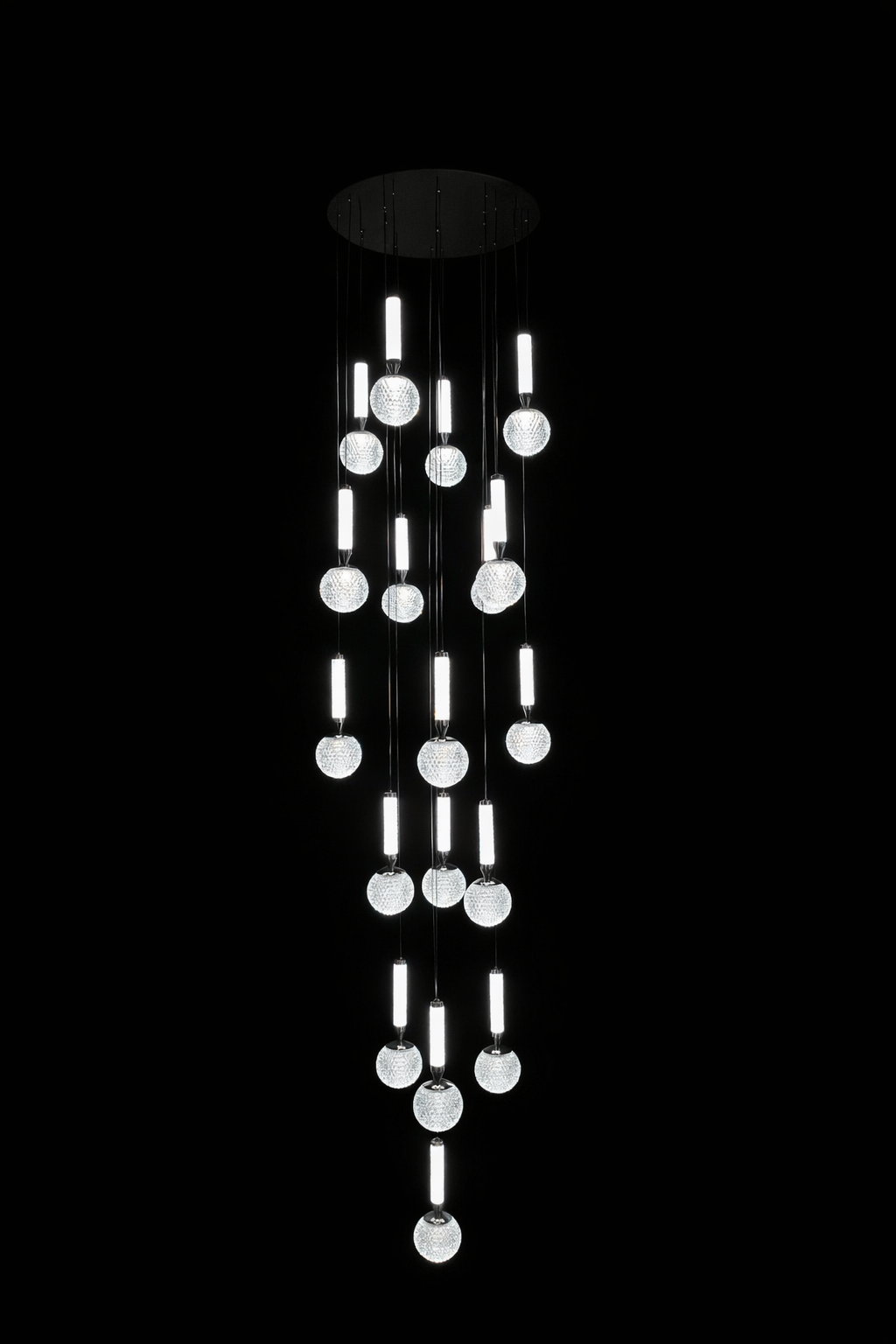 18 Pendant LED chandelier with cascading acrylic lights and adjustable 3m drop. Perfect for staircases, entrance halls, and modern interiors.