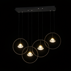 4 ring LED pendant chandelier with matte black and gold finish. Adjustable suspension design perfect for dining tables & kitchen islands