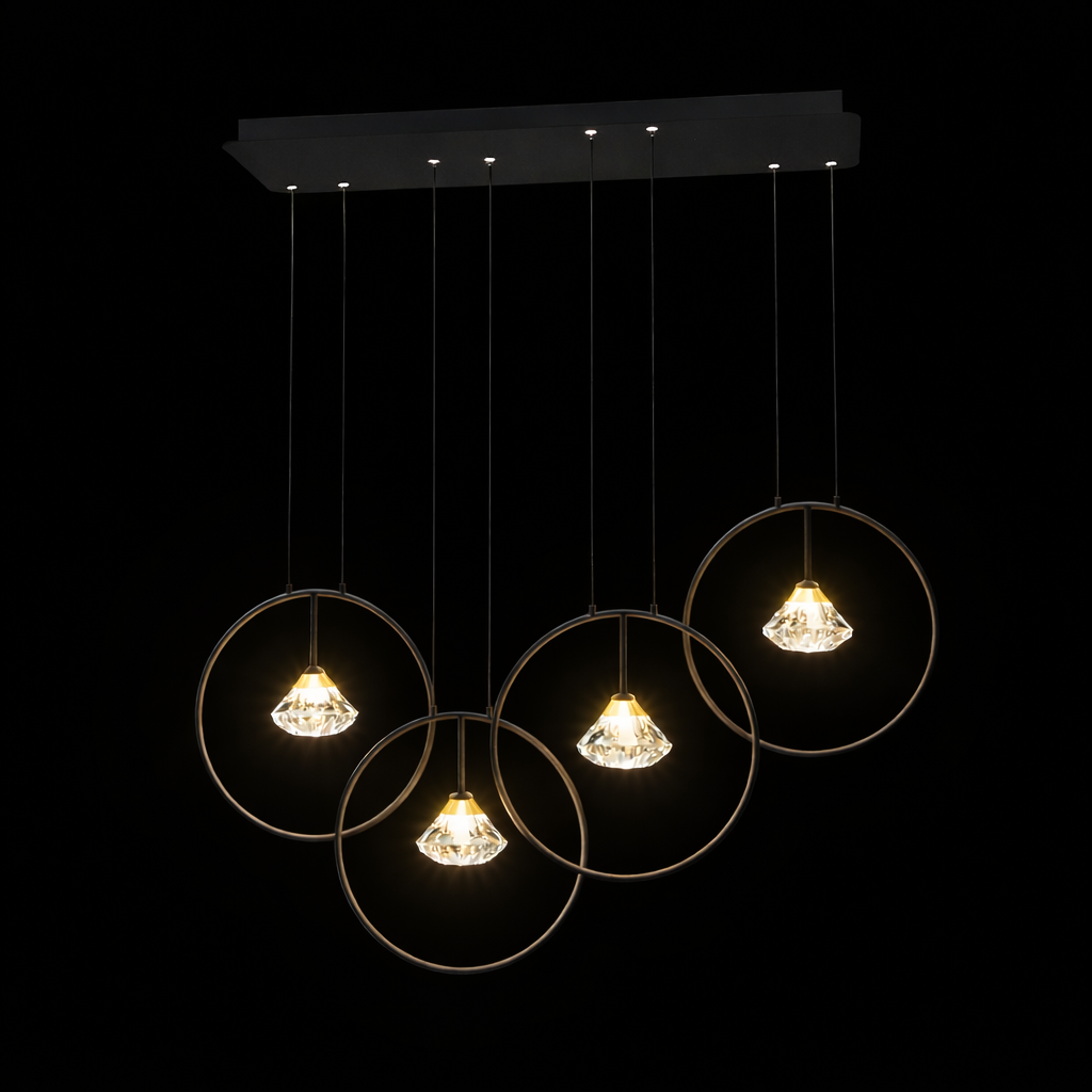 4 ring LED pendant chandelier with matte black and gold finish. Adjustable suspension design perfect for dining tables & kitchen islands