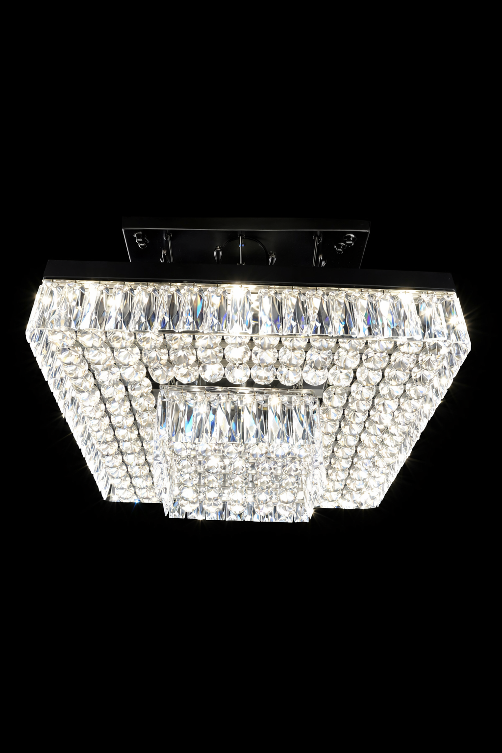 Square LED chandelier with recessed downlights and crystal detailing. Perfect for modern interiors, living rooms, bedrooms, and dining spaces.