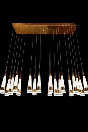 Modern 20-pendant LED chandelier with adjustable cables and switchable light colours. Rectangular ceiling plate, acrylic diffusers, Gold or Black finish—perfect for dining tables, kitchen islands, and contemporary interiors.