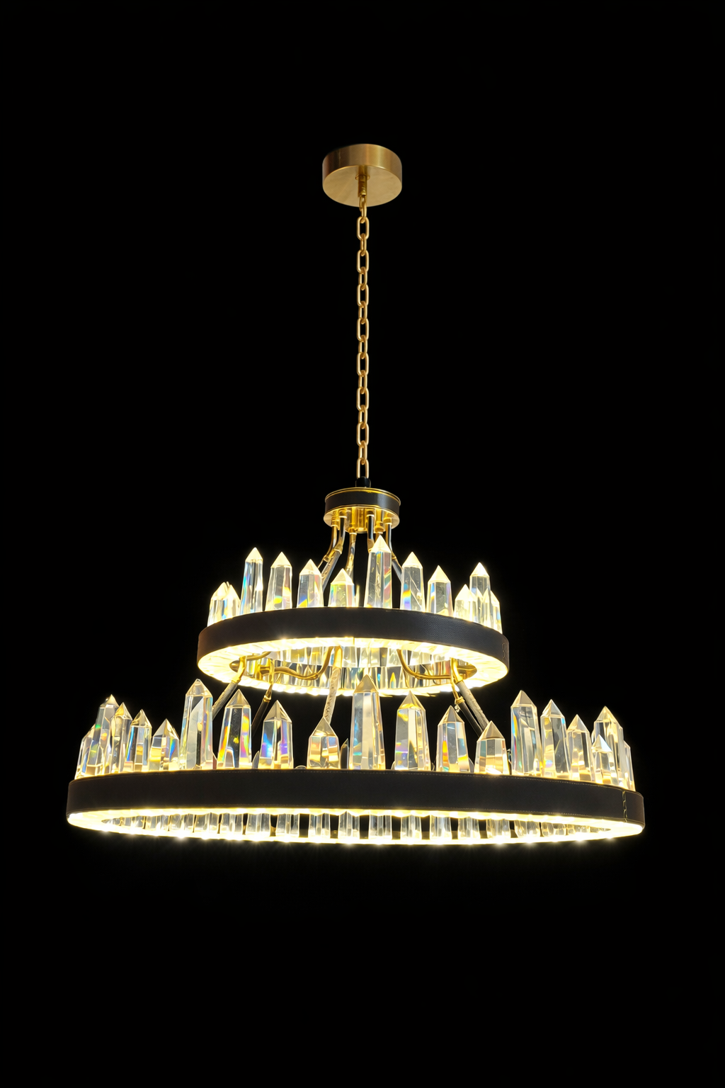 Two-Tier Crystal Prism LED Chandelier – Modern Gold Luxury Pendant