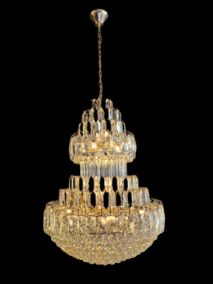 Elegant 34-light crystal chandelier with layered design and gold finish frame. Ideal for living rooms, dining rooms & entrance halls and luxury interiors .