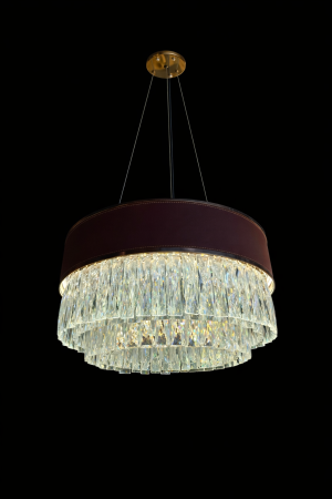 Modern Leather & Crystal Drum Chandelier – Integrated LED Luxury Light