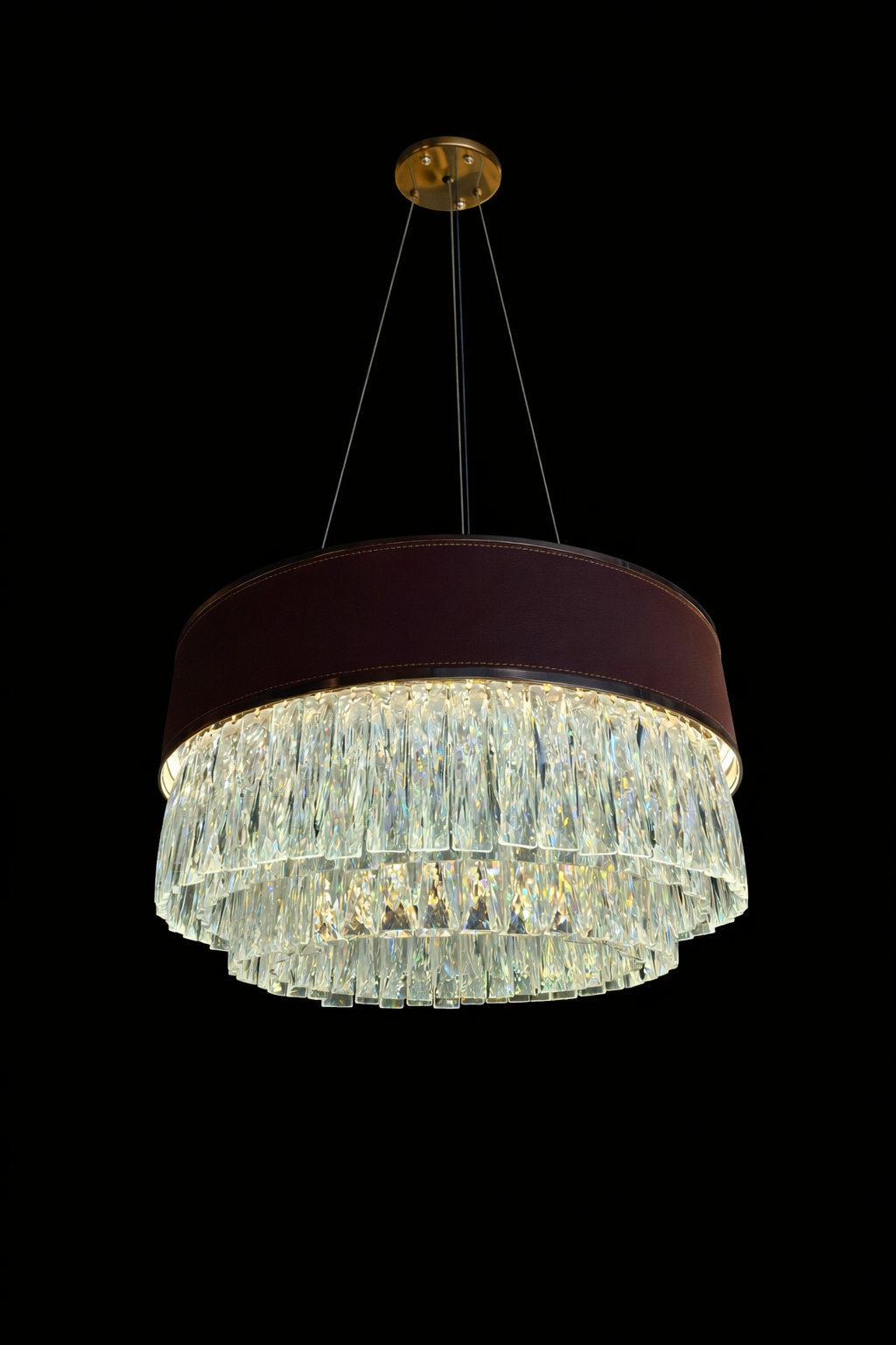 Modern Leather & Crystal Drum Chandelier – Integrated LED Luxury Light