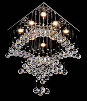 Crystal Sphere Chandelier with layered crystal spheres and 9 LED downlights in a modern square frame. Perfect for dining rooms, living spaces, and luxury interiors.